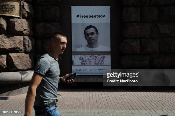 Sign pleading for the release of Ukrainian film director Oleg Sentsov is seen along Khreshchatyk street in Kiev, Ukraine on August 25, 2018. Sentsov...