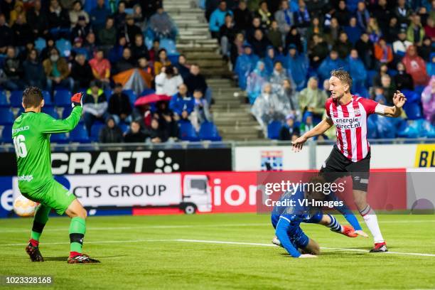 Goalkeeper Mickey van der Hart of PEC Zwolle, Sepp van den Berg of PEC Zwolle, goal Luuk de Jong of PSV during the Dutch Eredivisie match between PEC...