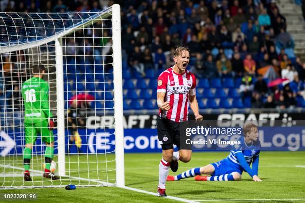 Goalkeeper Mickey van der Hart of PEC Zwolle, Luuk de Jong of PSV, Sepp van den Berg of PEC Zwolle during the Dutch Eredivisie match between PEC...