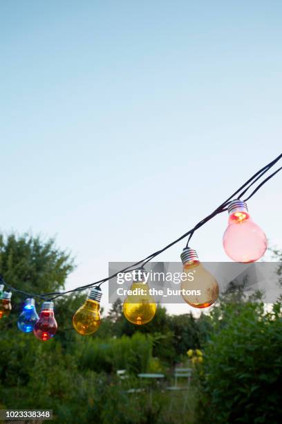 colorful string lights for party decoration in garden against sky - garden party stock-fotos und bilder