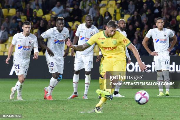 Nantes' Argentinian forward Emiliano Sala shoots and scores a goal during the French L1 football match between Nantes and Caen at the La Beaujoire...