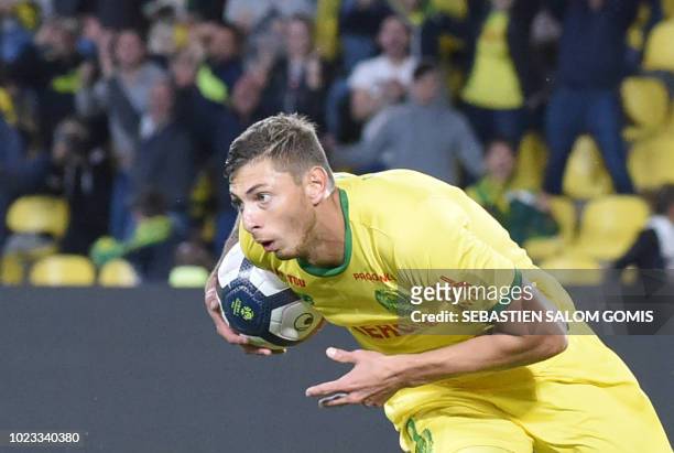 Nantes' Argentinian forward Emiliano Sala celebrates after scoring a goal during the French L1 football match between Nantes and Caen at the La...