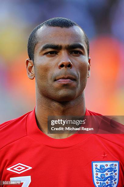 Ashley Cole lines up for the national anthems prior to the 2010 FIFA World Cup South Africa Group C match between Slovenia and England at the Nelson...