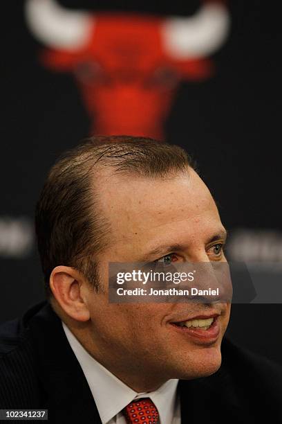 Tom Thibodeau, the new head coach of the Chicago Bulls, speaks during a press conference at the Berto Center practice facility on June 23, 2010 in...