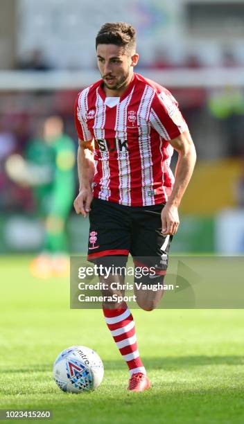 Lincoln City's Tom Pett during the Sky Bet League Two match between Lincoln City and Notts County at Sincil Bank Stadium on August 25, 2018 in...