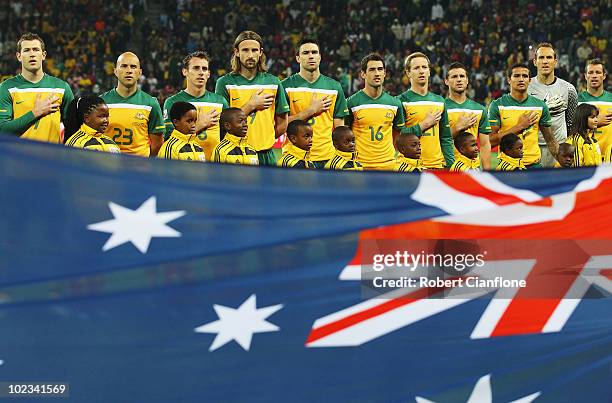 The Australia team line up ahead of the 2010 FIFA World Cup South Africa Group C match between USA and Algeria at the Loftus Versfeld Stadium on June...