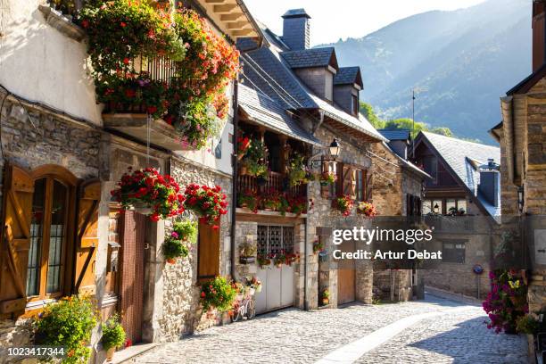 beautiful catalan town in the pyrenees mountains full of flowers. - pirineos fotografías e imágenes de stock