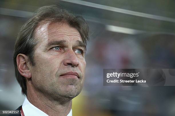 Pim Verbeek head coach of Australia looks thoughtful ahead of the 2010 FIFA World Cup South Africa Group D match between Australia and Serbia at...