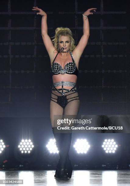 Britney Spears on stage during the "Piece Of Me" Summer Tour at the O2 Arena on August 24, 2018 in London, England.