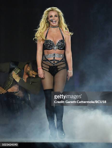 Britney Spears on stage during the "Piece Of Me" Summer Tour at the O2 Arena on August 24, 2018 in London, England.
