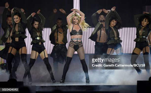 Britney Spears on stage during the "Piece Of Me" Summer Tour at the O2 Arena on August 24, 2018 in London, England.