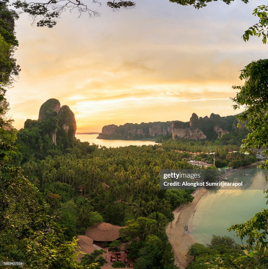 Aerial panoramic view from cliff on railay beach krabi thailand.