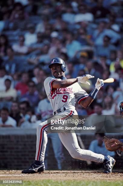 Marquis Grissom Centerfielder for the Montreal Expos swings the bat at a pitch during the Major League Baseball National League East game against the...
