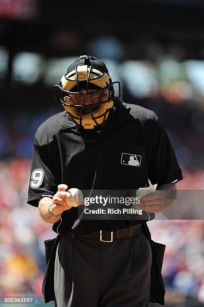 Umpire Bill Hohn is seen during the game between the Chicago Cubs and the Philadelphia Phillies at Citizens Bank Park in Philadelphia, Pennsylvania...