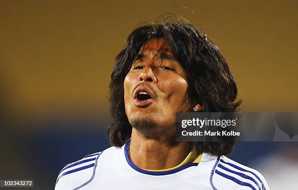 Yuji Nakazawa reacts at a Japan training session during the FIFA 2010 World Cup at Royal Bafokeng Stadium on June 23, 2010 in Rustenburg, South...