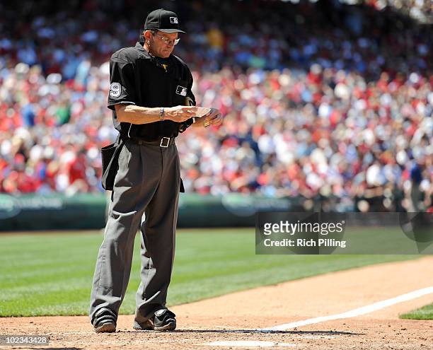 Umpire Bill Hohn is seen during the game between the Chicago Cubs and the Philadelphia Phillies at Citizens Bank Park in Philadelphia, Pennsylvania...