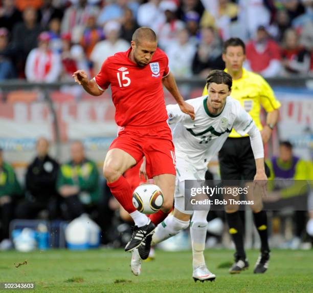 Matt Upson of England controls the ball during the 2010 FIFA World Cup South Africa Group C match between Slovenia and England at the Nelson Mandela...