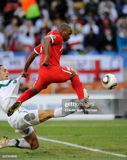 Jermain Defoe scores England's winning goal during the 2010 FIFA World Cup South Africa Group C match between Slovenia and England at the Nelson...