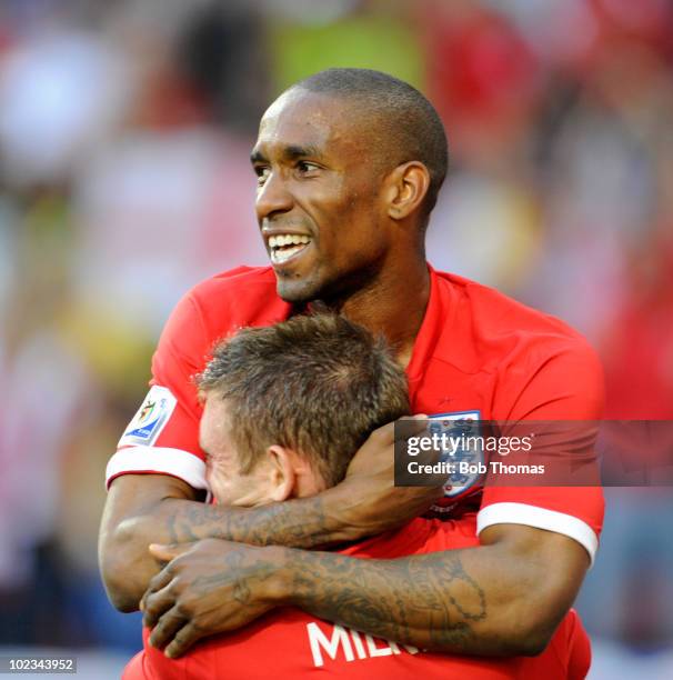 Jermain Defoe celebrates after scoring England's winning goal during the 2010 FIFA World Cup South Africa Group C match between Slovenia and England...