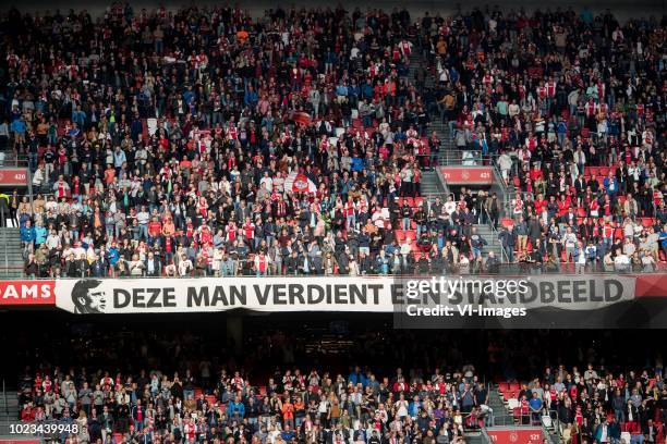 Banner deze man verdient een standbeeld during the Dutch Eredivisie match between Ajax Amsterdam and FC Emmen at the Johan Cruijff Arena on August...