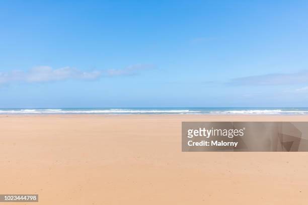 panoramic view of the empty beach and waves. sea in the background. sidi kaouki, morocco. - beach clear sky stock pictures, royalty-free photos & images