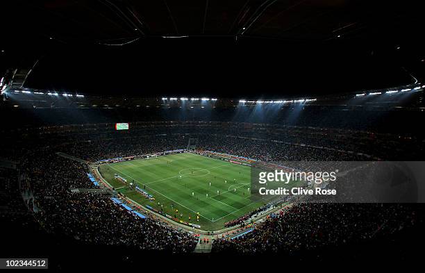 Wide general view of action during the 2010 FIFA World Cup South Africa Group D match between Ghana and Germany at Soccer City Stadium on June 23,...