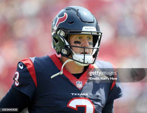 Brandon Weeden of the Houston Texans during a preseason game against the Los Angeles Rams at Los Angeles Memorial Coliseum on August 25, 2018 in Los...