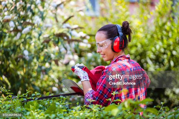 kvinna att arrangera häck i trädgården - gräsklippare bildbanksfoton och bilder