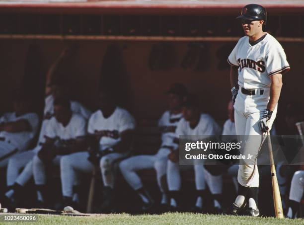 Will Clark, First Baseman for the San Francisco Giants waits on deck beside the team dugout during the Major League Baseball National League West...