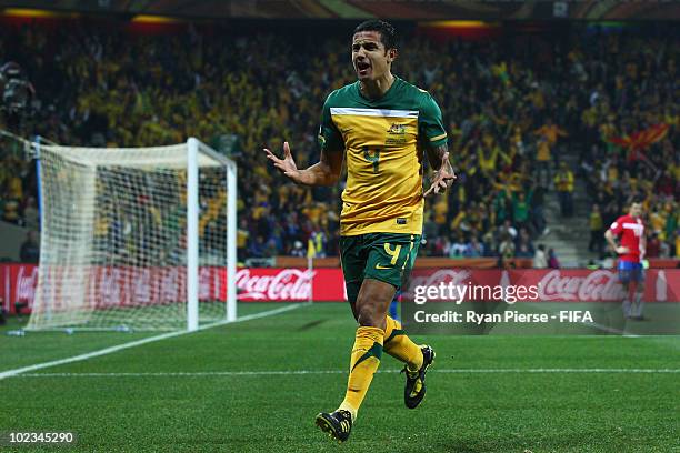 Tim Cahill of Australia celebrates scoring during the 2010 FIFA World Cup South Africa Group D match between Australia and Serbia at Mbombela Stadium...