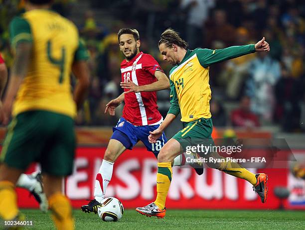 Brett Holman of Australia scores during the 2010 FIFA World Cup South Africa Group D match between Australia and Serbia at Mbombela Stadium on June...