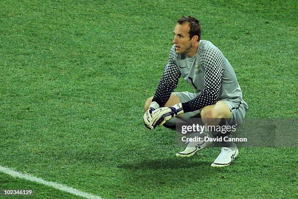 Mark Schwarzer of Australia is dejected after victory in the game but elimination from the tournament in the 2010 FIFA World Cup South Africa Group D...