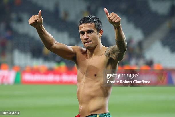 Tim Cahill of Australia looks dejected after victory in the game but elimination from the tournament in the 2010 FIFA World Cup South Africa Group D...
