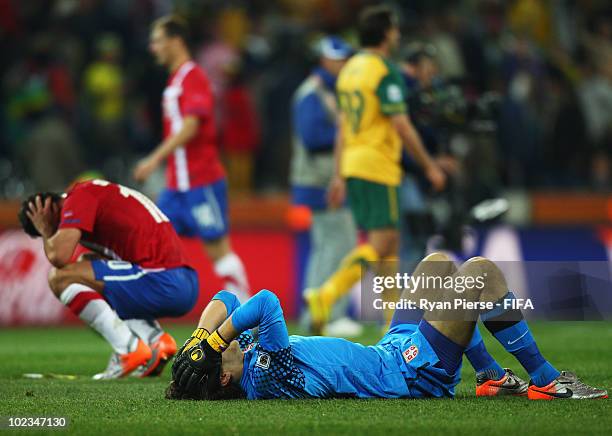 Goalkeeper Vladimir Stojkovic of Serbia is dejected after the 2010 FIFA World Cup South Africa Group D match between Australia and Serbia at Mbombela...