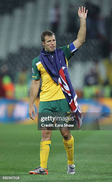 Captain Lucas Neill is overwhelmed after victory in the game but elimination from the tournament during the 2010 FIFA World Cup South Africa Group D...