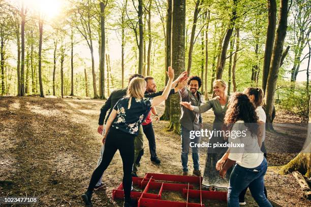 ja! ik wist dat we kunnen doen! - teambuilding stockfoto's en -beelden