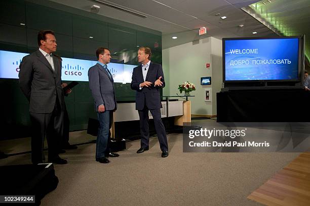 Russian President Dmitry Medvedev meets with Cisco Chairman and CEO John Chambers and California Gov. Arnold Schwarzenegger at Cisco headquarters...