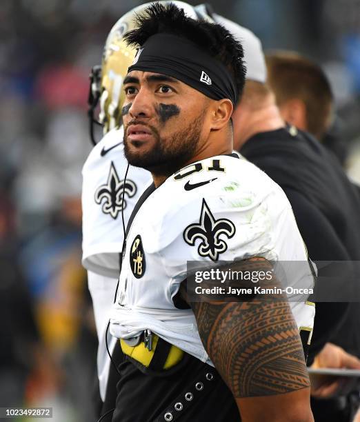 Manti Te'o of the New Orleans Saints on the sidelines during the preseason game against the Los Angeles Chargers at StubHub Center on August 25, 2018...