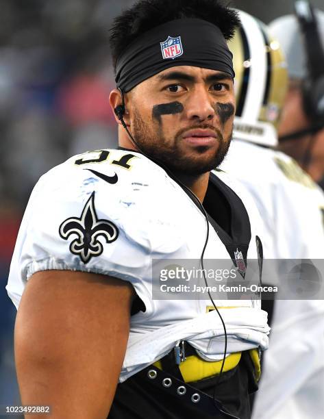 Manti Te'o of the New Orleans Saints on the sidelines during the preseason game against the Los Angeles Chargers at StubHub Center on August 25, 2018...