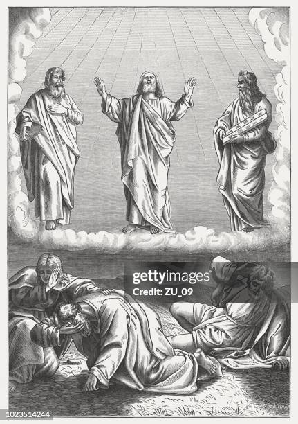 verklärung christi (matthäus 17, 1-8), holzschnitt, veröffentlicht 1888 - transfiguration of jesus stock-grafiken, -clipart, -cartoons und -symbole