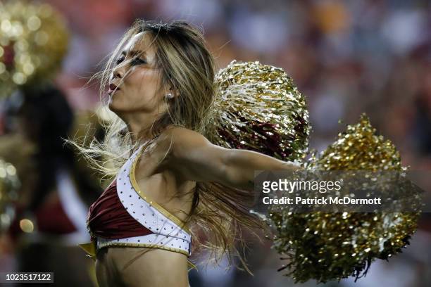 Washington Redskins cheerleaders perform during a preseason game between the New York Jets and Washington Redskins at FedExField on August 16, 2018...