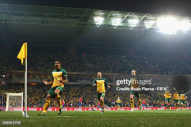 Tim Cahill of Australia celebrates scoring during the 2010 FIFA World Cup South Africa Group D match between Australia and Serbia at Mbombela Stadium...