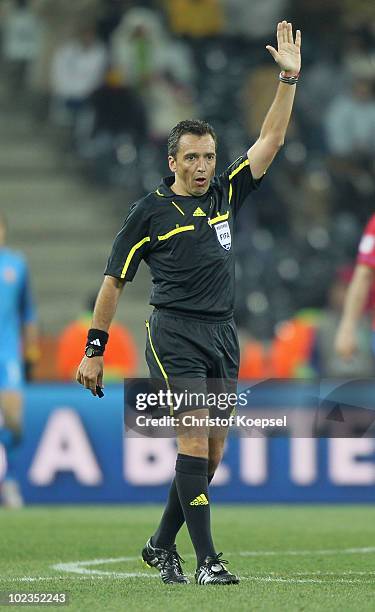 Referee Jorge Larrionda makes a decision during the 2010 FIFA World Cup South Africa Group D match between Australia and Serbia at Mbombela Stadium...