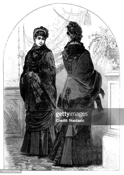 19th century fashion ,coat of french satin cloth with fur - fur coat stock illustrations