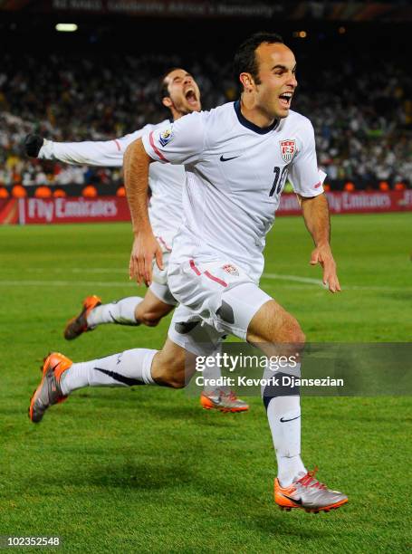Landon Donovan and Benny Feilhaber of USA celebrate Donovan's winning goal against Algeria, 1-0, during the 2010 FIFA World Cup South Africa Group C...