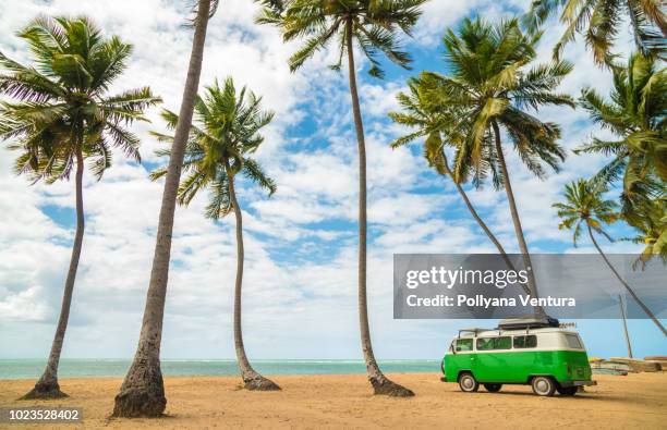 clásicos volkswagen kombi van en la playa - volkswagen bus fotografías e imágenes de stock