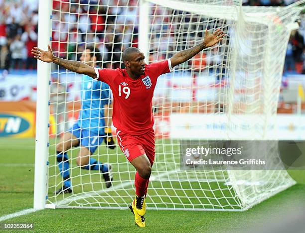 Jermain Defoe of England celebrates scoring the opening goal during the 2010 FIFA World Cup South Africa Group C match between Slovenia and England...