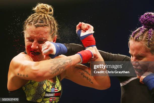 Bec Rawlings punches Britain Hart during the Bare Knuckle Fighting Championship 2: A New Era at Mississippi Coast Coliseum on August 25, 2018 in...