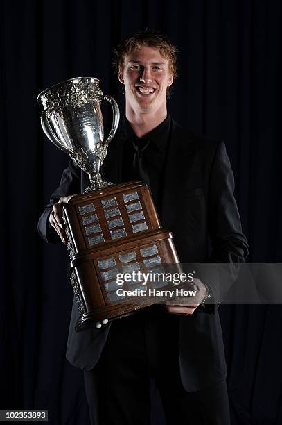 Tyler Myers of the Buffalo Sabres poses with the Calder Trophy for a portrait during the 2010 NHL Awards at the Palms Casino Resort on June 23, 2010...