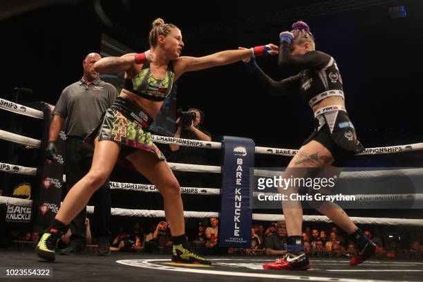 Bec Rawlings fights Britain Hart during the Bare Knuckle Fighting Championship 2: A New Era at Mississippi Coast Coliseum on August 25, 2018 in...